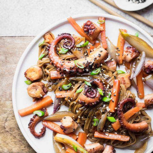 Caramelized octopus & veggie soba plate