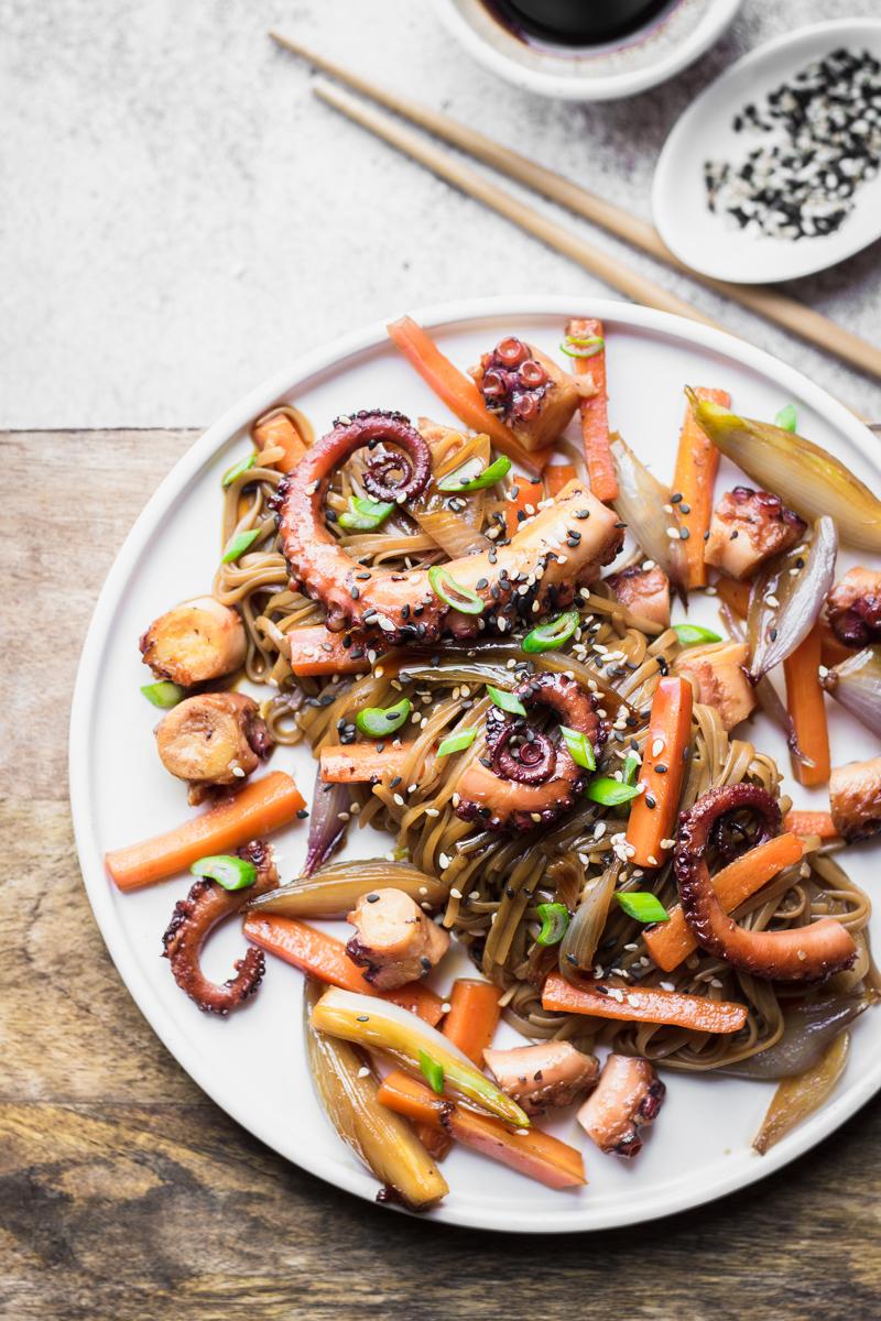 Caramelized octopus & veggie soba plate