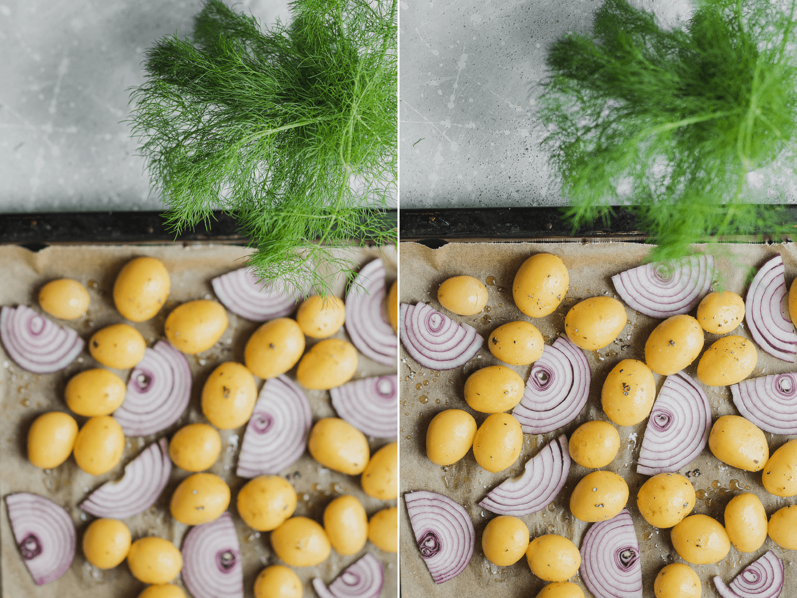 Patate novelle e cipolle rossa in attesa del forno e aneto fresco