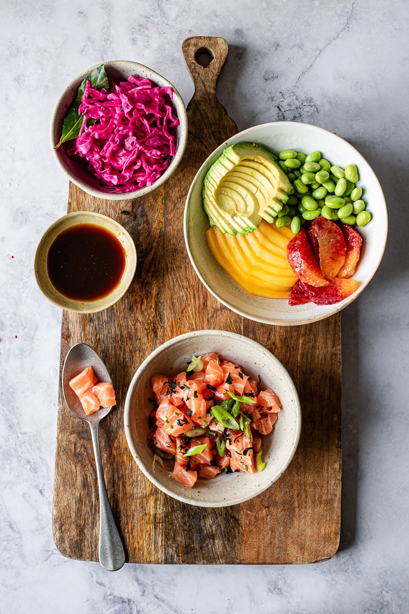 ingredienti per la bowl di salmone in salsa ponzu