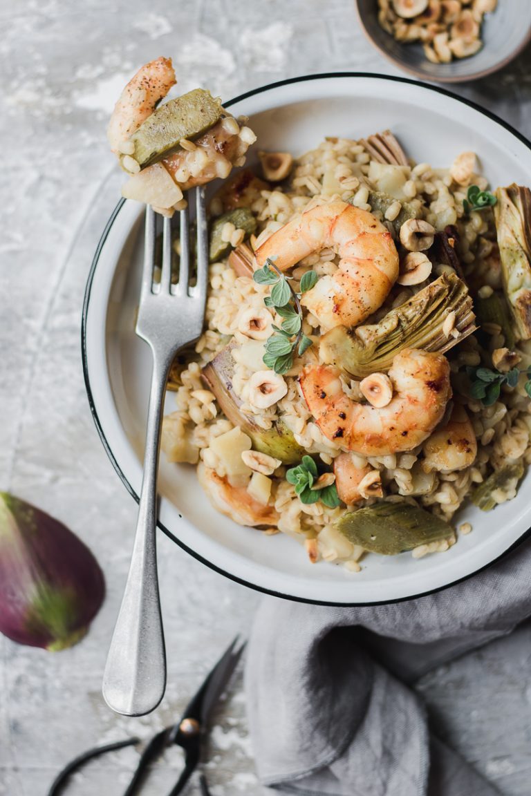 Orzotto ai carciofi, gamberi e topinambur