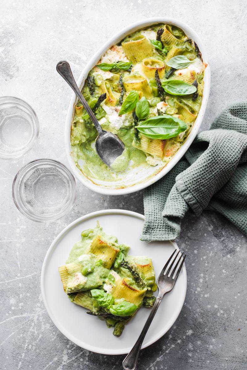 Asparagus and burrata vegetarian baked pasta dish