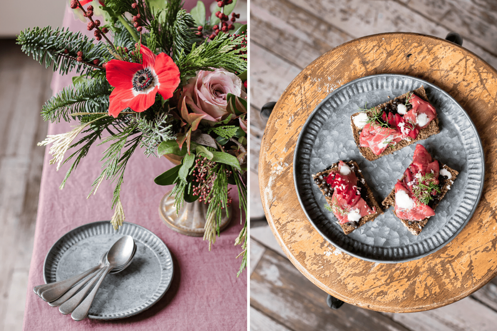 Piatto zincato con tartine di pane nero, e piatto zincato su tovaglia borgogna con vaso di fiori