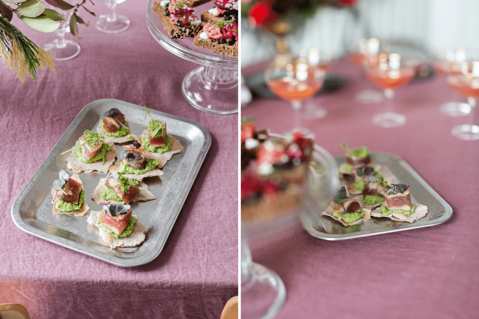 vassoio argentato opaco con crackers di segale con salmone e germogli