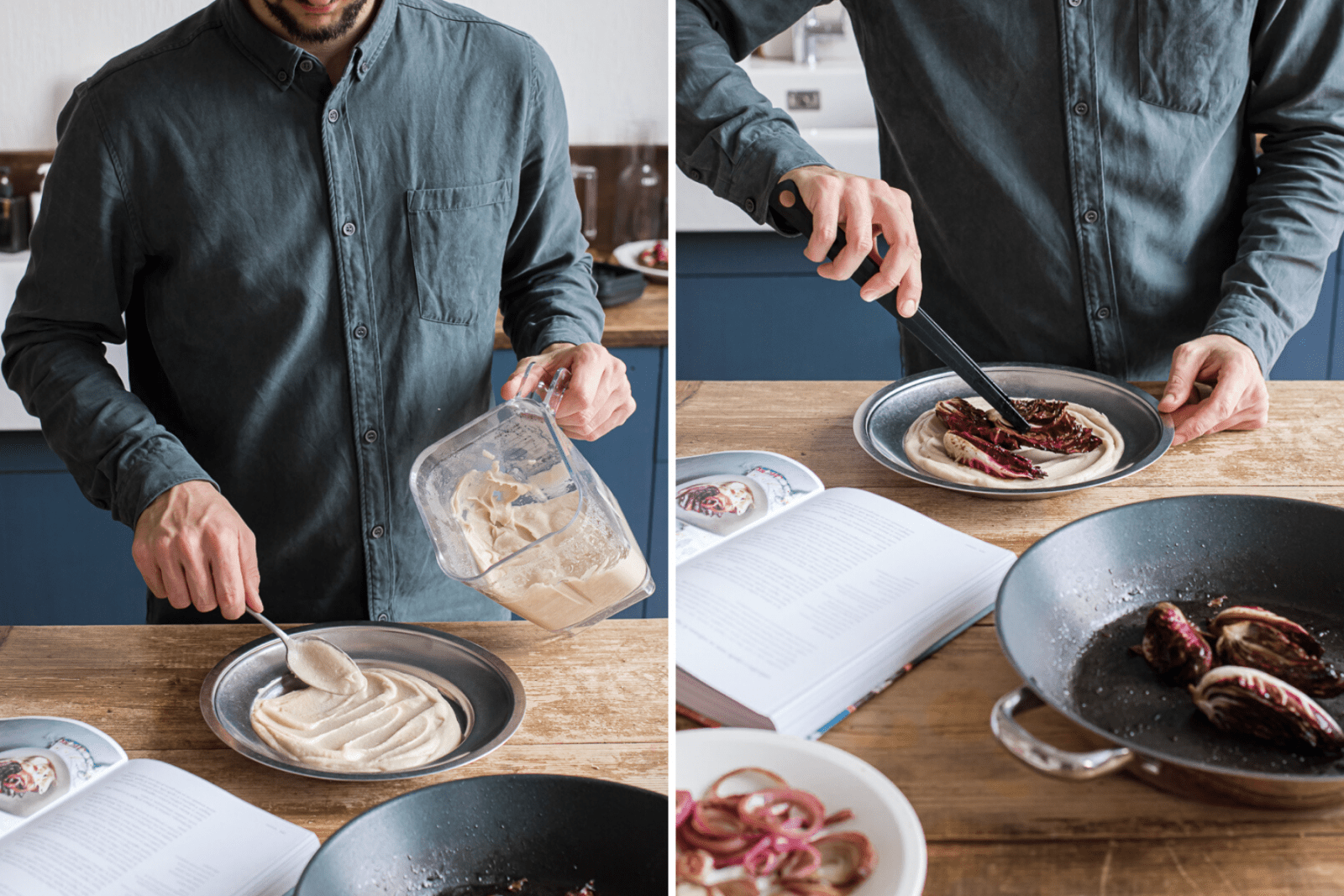 Michael che dispone la crema di fagioli e il radicchio sul piatto