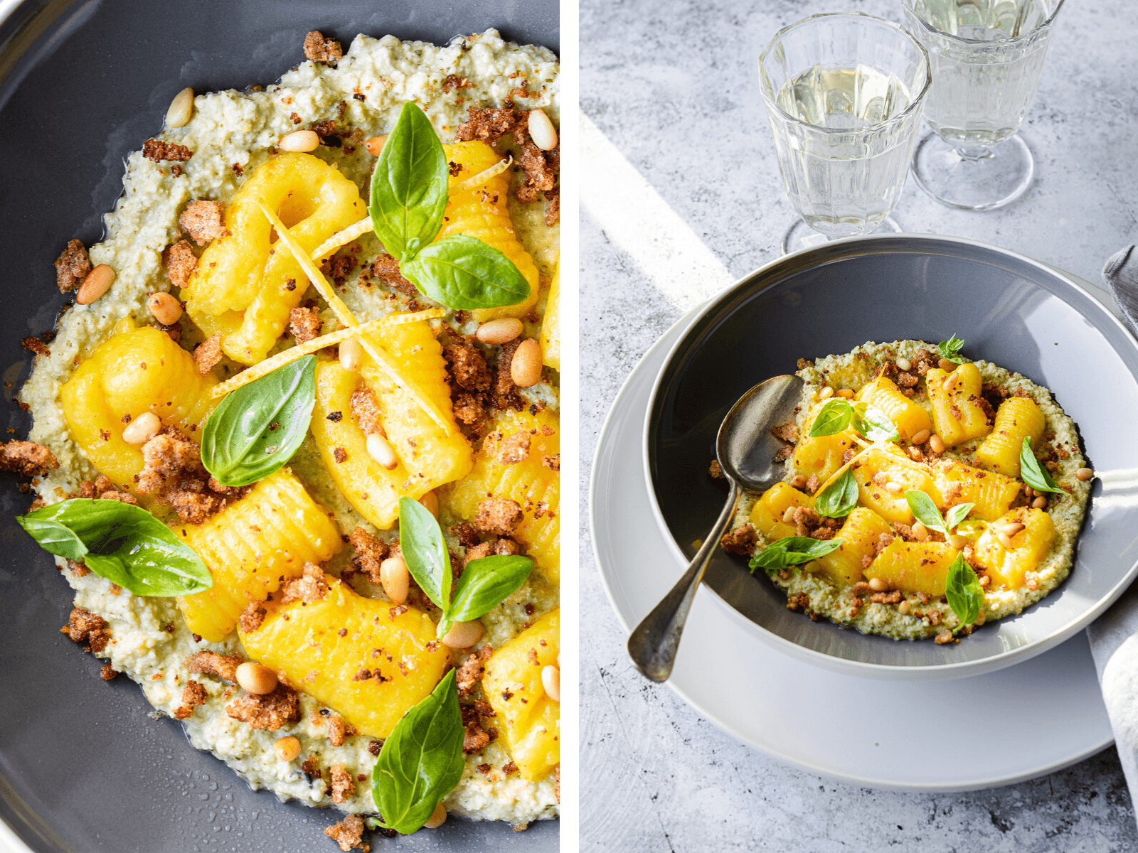 gnocchi vegani allo zafferano con pesto al limone e briciole di pane