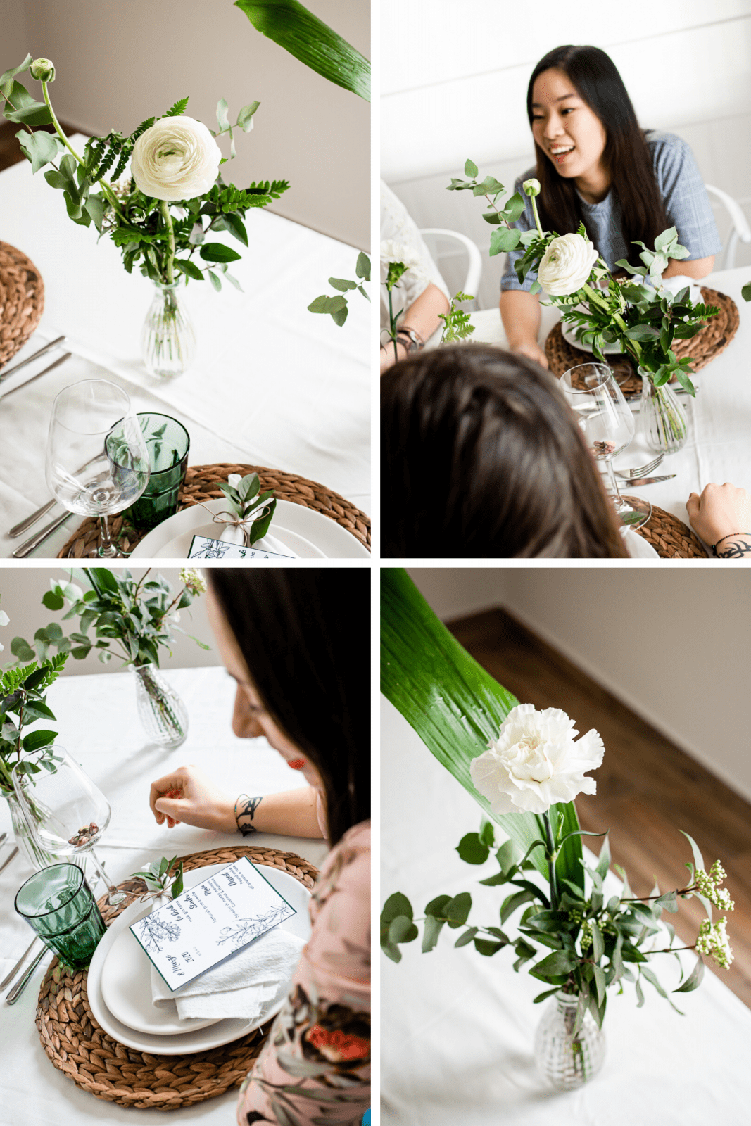 allestimento tavola primaverile per la festa della donna con verde e fiori bianchi