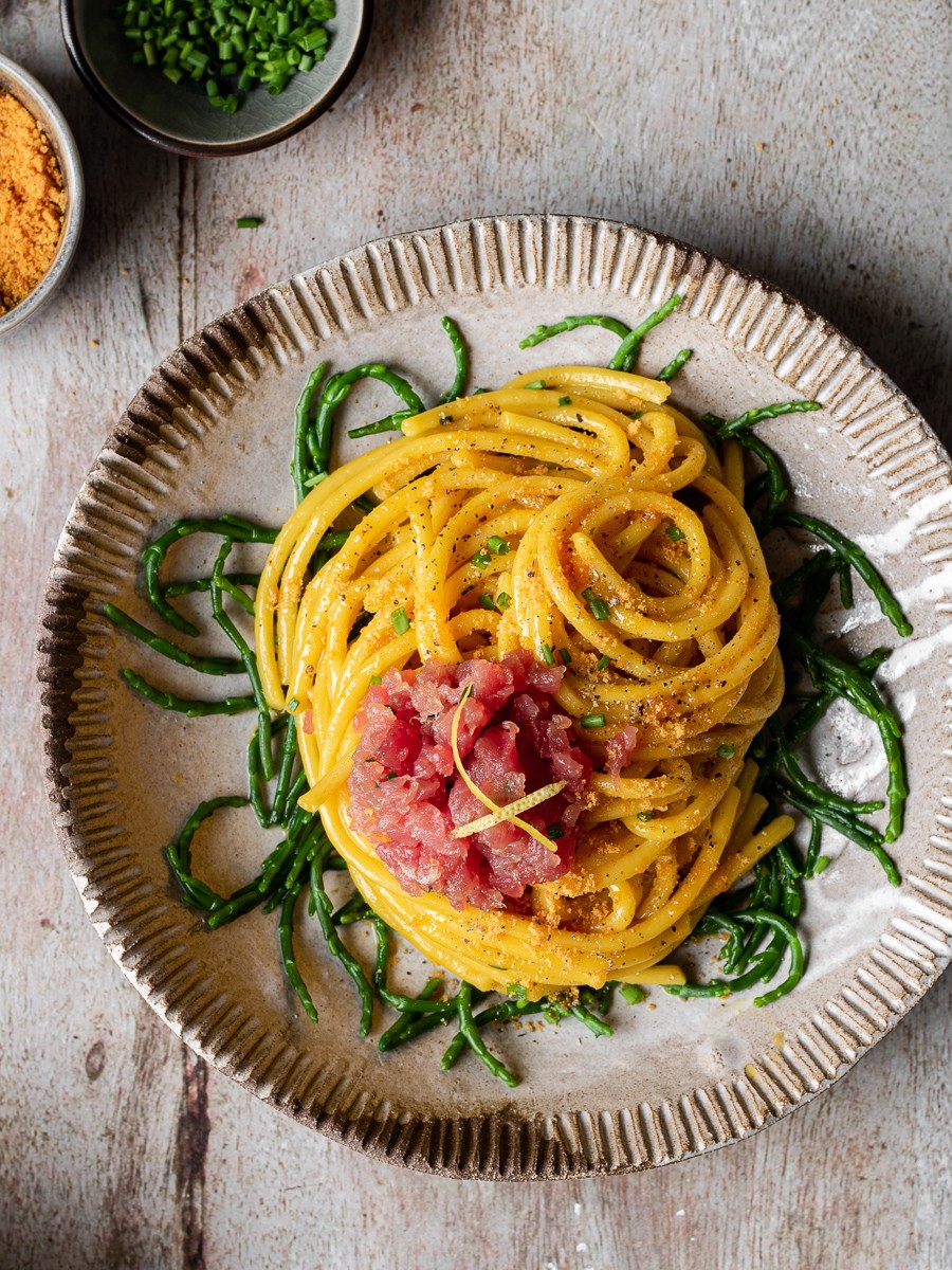 bigoli carbonara bottarga e tonno