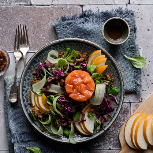 insalata autunnale di verdure pera nashi tartare di salmone miso