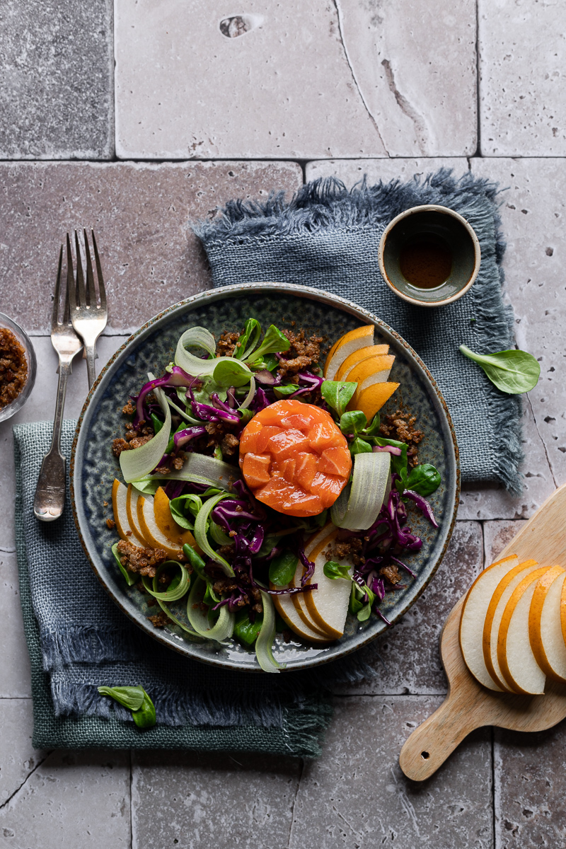 insalata autunnale di verdure pera nashi tartare di salmone miso