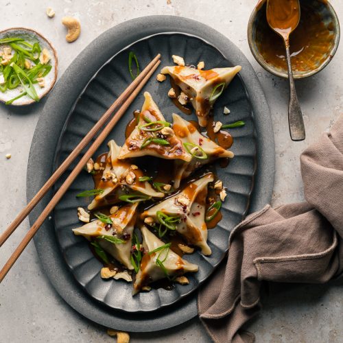ravioli cinesi vegani ripieni di funghi con salsa dan dan
